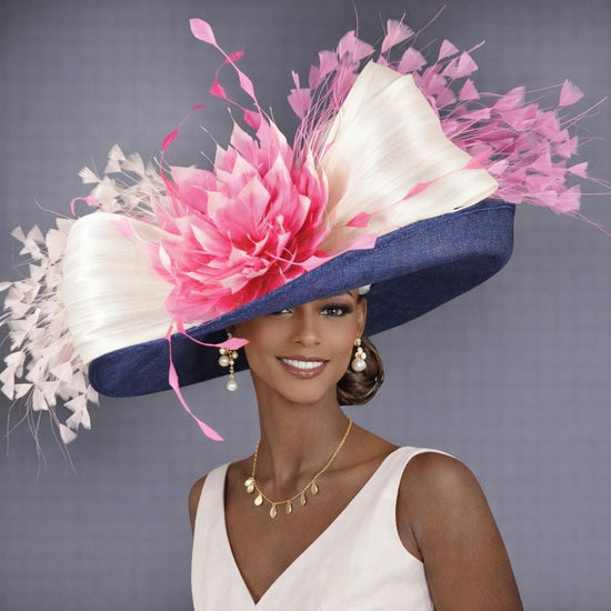 Wide Brim Kentucky Derby Hat, Ascot Hat for Wedding & Tea Party, Garden Party Hat, Mother of the Bride, Church Navy Blue Ivory Mutli Pink
