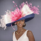 Wide Brim Kentucky Derby Hat, Ascot Hat for Wedding & Tea Party, Garden Party Hat, Mother of the Bride, Church Navy Blue Ivory Mutli Pink