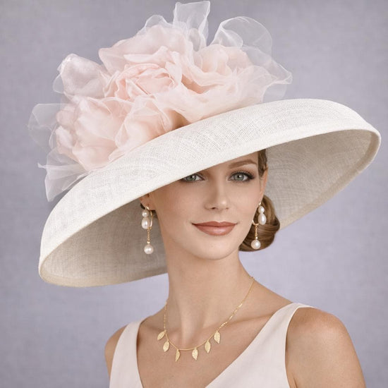 White Blush Pink Silk Flower Wide Brim Kentucky Derby Hat, Ascot Hat for Wedding & Tea Party, Garden Party Hat, Mother of the Bride, Church