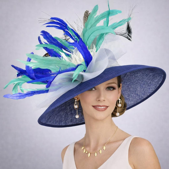 Royal Blue Teal Blue White Wide Brim Sinamay Hat for Kentucky Derby, Ascot Racing Hat, Elegant Wedding Guest Hat, Mother of the Bride Hat