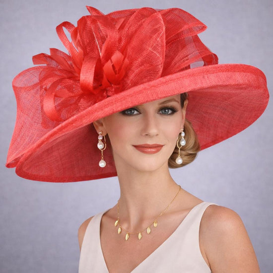 Red Wide Brim Sinamay Hat for Kentucky Derby, Ascot Racing Hat, Elegant Wedding Guest Hat, Mother of the Bride Hat