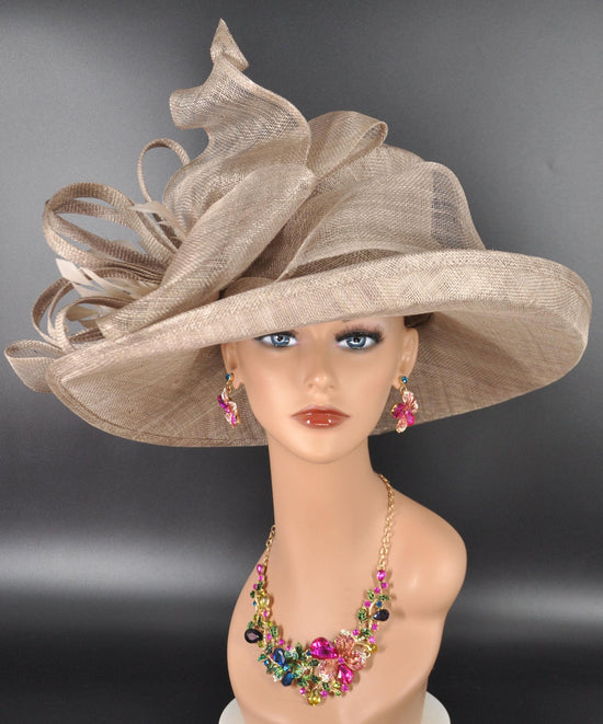 Taupe  Wide Brim Sinamay Hat for Kentucky Derby, Ascot Racing Hat, Elegant Wedding Guest Hat, Mother of the Bride Hat