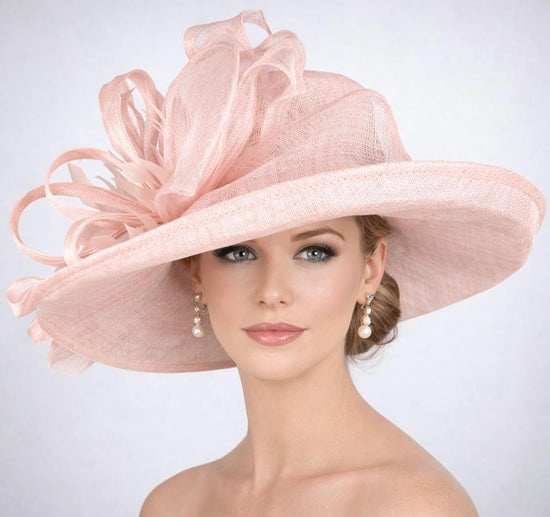 Blush Pink Dusty Pink Wide Brim Sinamay Hat for Kentucky Derby, Ascot Racing Hat, Elegant Wedding Guest Hat, Mother of the Bride Hat
