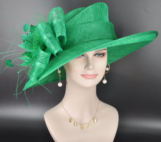 Kelly  Green Wide Brim Kentucky Derby Hat, Ascot Hat for Wedding & Tea Party, Garden Party Hat, Mother of the Bride, Church