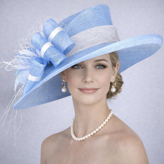 Light Blue White Wide Brim Kentucky Derby Hat, Ascot Hat for Wedding & Tea Party, Garden Party Hat, Mother of the Bride, Church