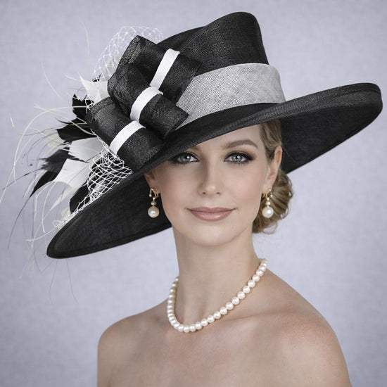 Black White Wide Brim Kentucky Derby Hat, Ascot Hat for Wedding & Tea Party, Garden Party Hat, Mother of the Bride, Church