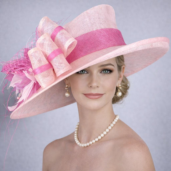 Baby Pink Fuchsia Pink Hot Pink Wide Brim Kentucky Derby Hat, Ascot Hat for Wedding & Tea Party,Garden Party Hat,Mother of the Bride, Church