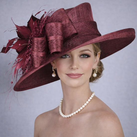 Burgundy Wine Maroon Wide Brim Kentucky Derby Hat, Ascot Hat for Wedding & Tea Party, Garden Party Hat, Mother of the Bride, Church