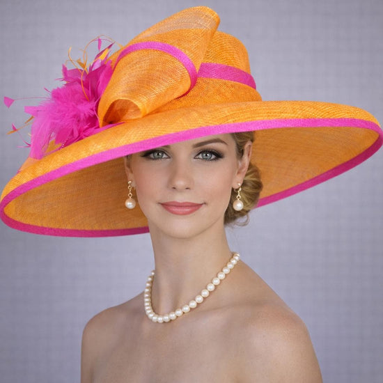 Orange Fuchsia Pink Wide Brim Kentucky Derby Hat, Ascot Hat for Wedding & Tea Party, Garden Party Hat, Mother of the Bride, Church