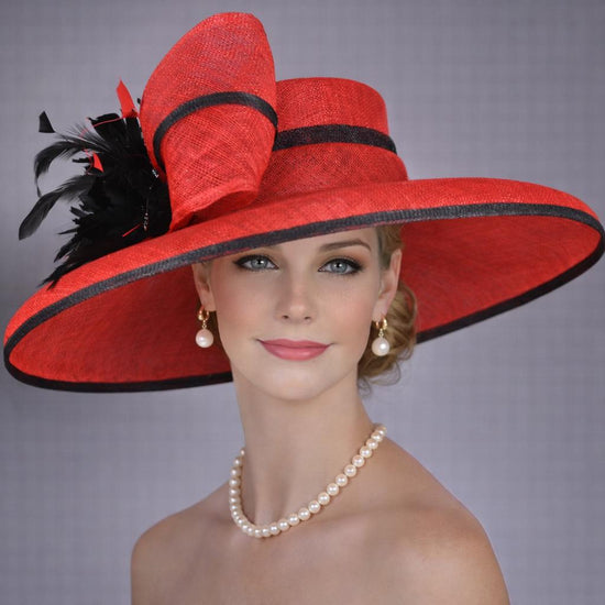 Red Black  Wide Brim Kentucky Derby Hat, Ascot Hat for Wedding & Tea Party, Garden Party Hat, Mother of the Bride, Church