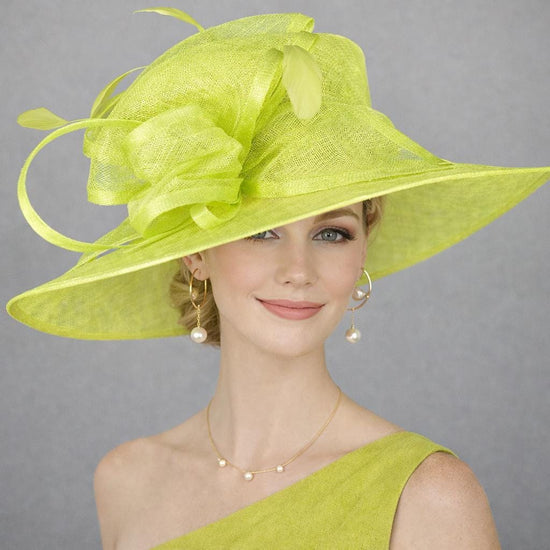 Lime Green Three Layer Wide Brim Sinamay Hat Kentucky Derby Hat Wedding Church Tea Party Garden Carriage Party Ascort Royal Party Hat