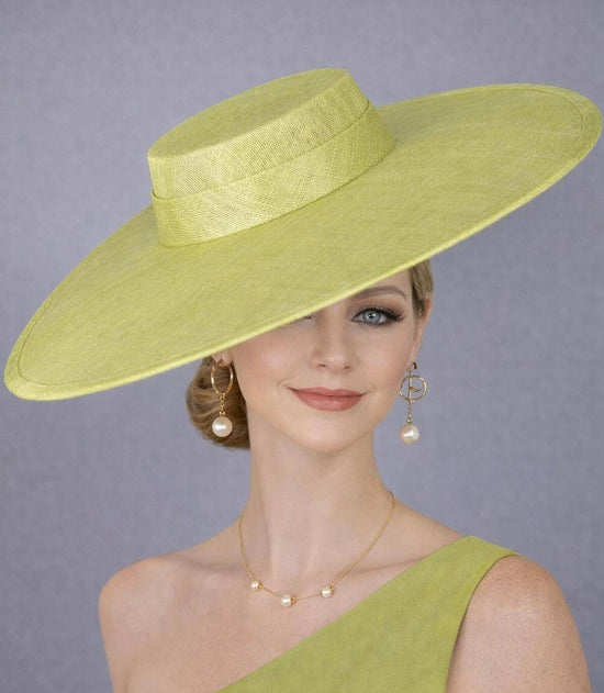 Lime Green Wide Brim Sinamay Fascinator Hat  Ascot Royal Hat for Wedding Race Day Kentucky Derby Party Mother of the Bride