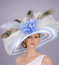 Blue Sinamay Straw with Peacock Wide Brim Kentucky Derby Hat,Ascot Hat for Wedding Tea Party, Garden Party Hat, Mother of the Bride, Church