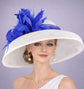 White with Royal Blue Feather Wide Brim Sinamay Derby Hat, Statement Hat, Hepburn Style Hat, Ascot Fascinator for Wedding, Church, Tea Party