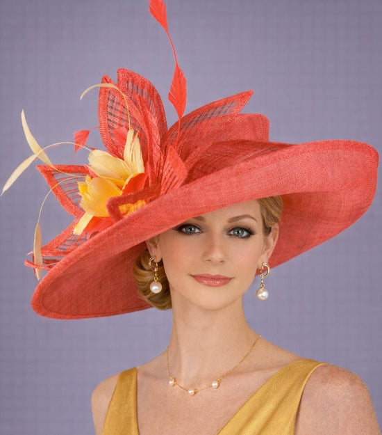 Red with Gold Wide Brim Kentucky Derby Hat, Ascot Hat for Wedding & Tea Party, Garden Party Hat, Mother of the Bride, Church