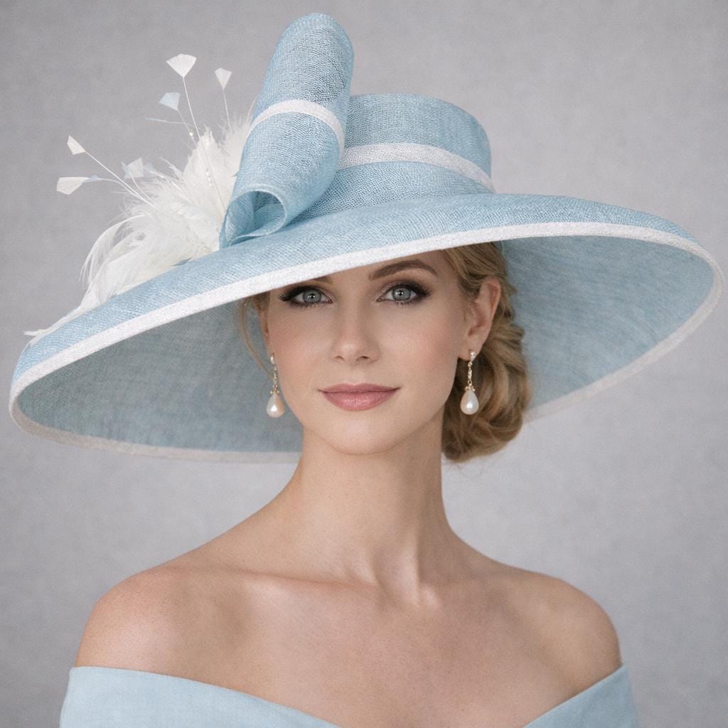Powder Blue Ivory Off White Wide Brim Kentucky Derby Hat, Ascot Hat fo ...