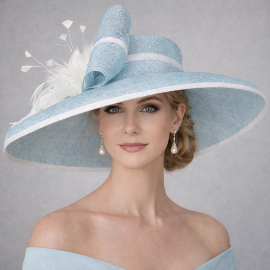 Powder Blue Ivory Off White Wide Brim Kentucky Derby Hat, Ascot Hat for Wedding & Tea Party, Garden Party Hat, Mother of the Bride, Church