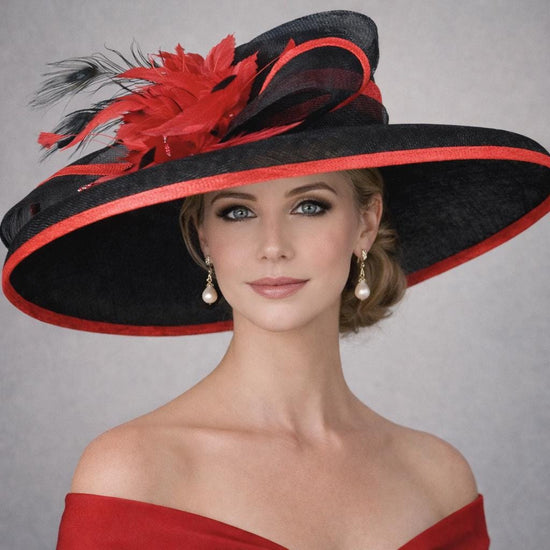Black Red Wide Brim Kentucky Derby Hat, Ascot Hat for Wedding & Tea Party, Garden Party Hat, Mother of the Bride, Church