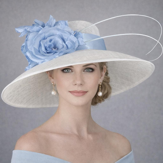 White  Powder Blue Silk Flower Wide Brim Kentucky Derby Hat,Ascot Hat for Wedding & Tea Party, Garden Party Hat, Mother of the Bride,Church