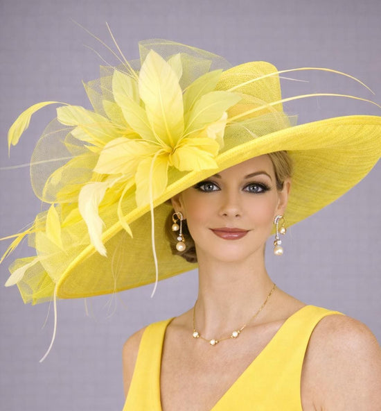 Yellow Lime Green Wide Brim Kentucky Derby Hat, Ascot Hat for Wedding & Tea Party, Garden Party Hat, Mother of the Bride, Church