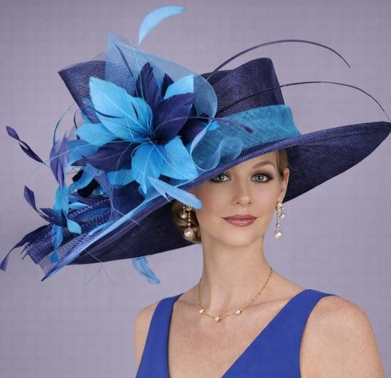 Navy Blue Teal Blue Wide Brim Kentucky Derby Hat, Ascot Hat for Wedding & Tea Party, Garden Party Hat, Mother of the Bride, Church