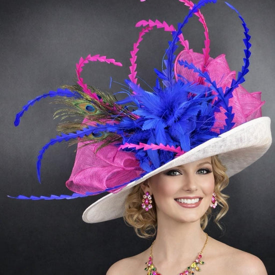 White, Fuchsia, Royal Blue  Wide Brim Kentucky Derby Hat, Ascot Hat for Wedding & Tea Party, Garden Party Hat, Mother of the Bride, Church