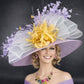 Wide Brim Sinamay Hat for Race Day – Lilac Yellow Powder Blue Couture Design