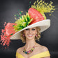 Ivory Coral Pink Lime Green Wide Brim Kentucky Derby Hat, Ascot Hat for Wedding & Tea Party, Garden Party Hat, Mother of the Bride, Church