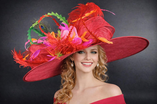 Red Pink  Orange Green Ostrich Feather  Kentucky Derby Hat, Ascot Hat for Wedding & Tea Party, Garden Party Hat, Mother of the Bride, Church