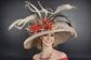 Taupe, Red, Black Feather Flower Wide Brim Kentucky Derby Hat, Ascot Hat for Wedding Tea Party, Garden Party Hat, Mother of the Bride,Church