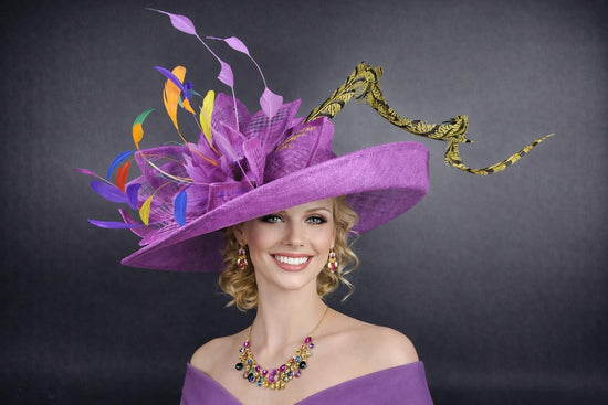 Purple Gold Royal Blue  Wide Brim Kentucky Derby Hat, Ascot Hat for Wedding & Tea Party, Garden Party Hat, Mother of the Bride, Church
