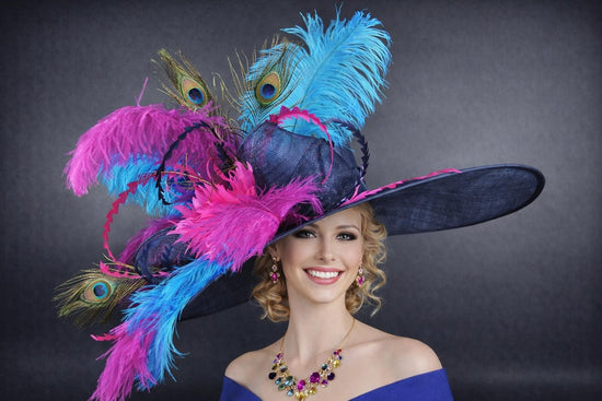 Navy Blue Teal  Fuchsia Peacock Wide Brim Kentucky Derby Hat, Ascot Hat for Wedding Tea Party, Garden Party Hat, Mother of the Bride, Church