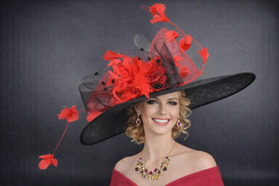 Black Red Feathers Custom Hat  Wide Brim Kentucky Derby Hat, Ascot Hat for Wedding Tea Party, Garden Party Hat, Mother of the Bride, Church