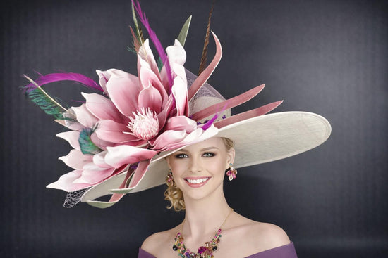 Ivory Off White Pink Flower Wide Brim Kentucky Derby Hat, Ascot Hat for Wedding & Tea Party, Garden Party Hat, Mother of the Bride, Church
