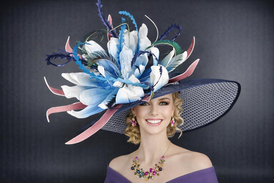Navy Blue White & Teal Flower  Wide Brim Kentucky Derby Hat, Ascot Hat for Wedding Tea PartyGarden Party Hat, Mother of the Bride,Church