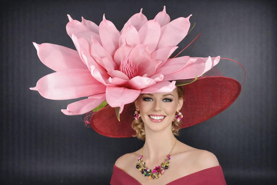 Red, Pink Flower Feathers Wide Brim Kentucky Derby Hat, Ascot Hat for Wedding & Tea Party, Garden Party Hat, Mother of the Bride, Church