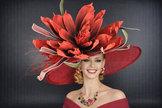 Red Feather Flower  Wide Brim Kentucky Derby Hat, Ascot Hat for Wedding & Tea Party, Garden Party Hat, Mother of the Bride, Church