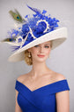 Wide Brim Sinamay Kentucky Derby Hat, Royal Blue Feather Flower