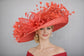 Red Wide Brim Sinamay Derby Hat, Feather & Bow Statement Hat, Ascot Fascinator for Wedding, Church, Tea Party