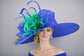 Royal Blue Green Peacock Wide Brim Sinamay Derby Hat, Feather & Bow Statement Hat, Ascot Fascinator for Wedding, Church, Tea Party