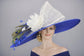 Royal Blue White Feather Flower  Wide Brim Sinamay hat, Kentucky derby Hat, Wedding Guest Hat, Tea Party Hat, Ascot Royal Style Hat,Oaks Day