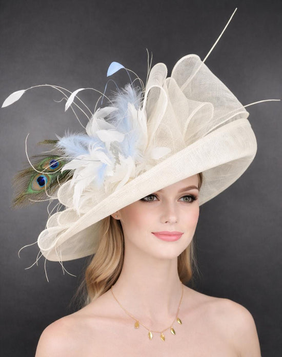 White Blue Feather  Flower Wide Brim Kentucky Derby Hat,Ascot Hat for Wedding & Tea Party, Garden Party Hat, Mother of the Bride, Church