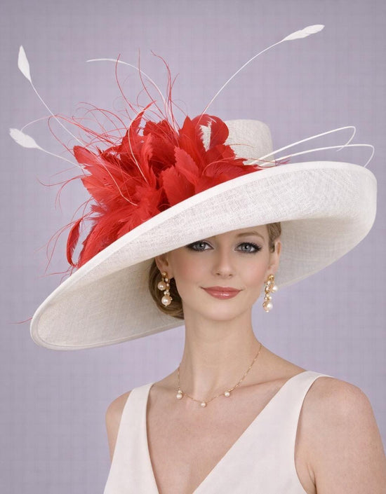 White  Red Flower Wide Brim Kentucky Derby Hat,Ascot Hat for Wedding & Tea Party, Garden Party Hat, Mother of the Bride, Church