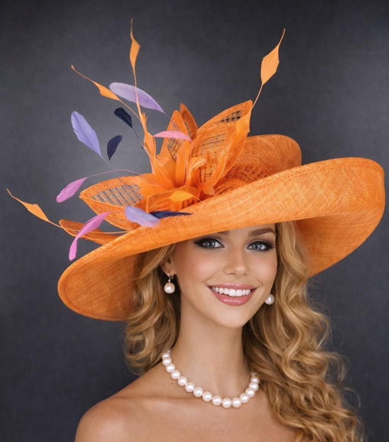 Orange Lavender Black Wide Brim Kentucky Derby Hat,Ascot Hat for Wedding & Tea Party, Garden Party Hat, Mother of the Bride, Church