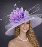 Lilac Lavender Feather Flower Wide Brim Kentucky Derby Hat,Ascot Hat for Wedding & Tea Party, Garden Party Hat, Mother of the Bride, Church