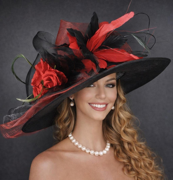 Black with Red Rose Wide Brim Kentucky Derby Hat,Ascot Hat for Wedding & Tea Party, Garden Party Hat, Mother of the Bride, Church