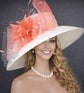 Ivory Coral Feather Flowers Wide Brim Kentucky Derby Hat,Ascot Hat for Wedding & Tea Party, Garden Party Hat, Mother of the Bride, Church