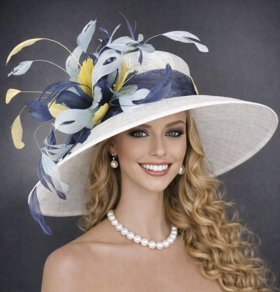 White, NavyBlue,Powder Blue Yellow Wide Brim Kentucky Derby Hat,Ascot Hat for Wedding Tea Party, Garden Party Hat,Mother of the Bride,Church