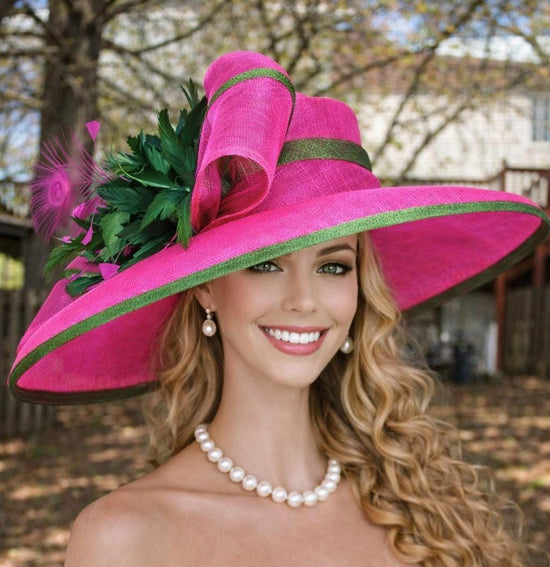 Fuchsia Pink Green Wide Brim Kentucky Derby Hat, Ascot Hat for Wedding & Tea Party, Garden Party Hat, Mother of the Bride, Church