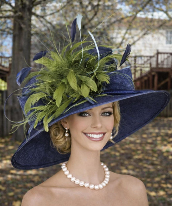 Navy Blue Olive Green Wide Brim Kentucky Derby Hat, Ascot Hat for Wedding & Tea Party, Garden Party Hat, Mother of the Bride, Church